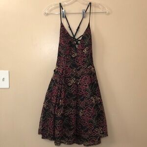 Sleeveless Rose and Gold Embroidered Black Dress